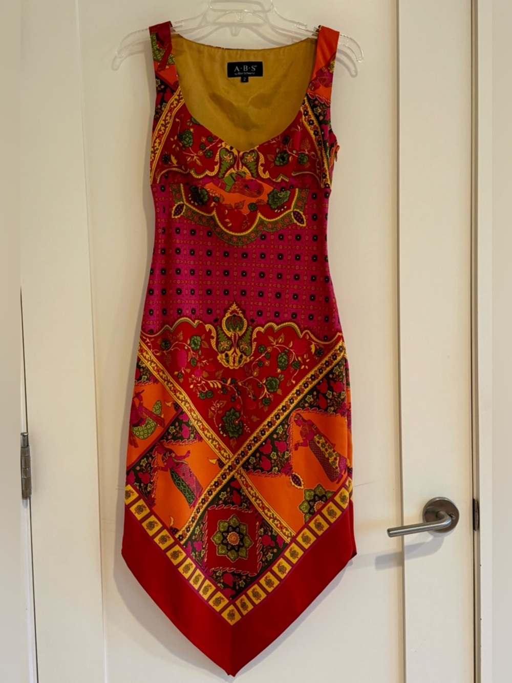 Allen B. By Allen Schwartz Pink and Orange Printed Handkerchief-Hem Mini Dress